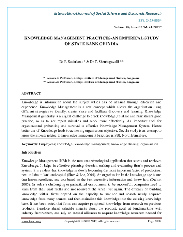 (PDF) KNOWLEDGE MANAGEMENT PRACTICES-AN EMPIRICAL STUDY OF STATE BANK ...