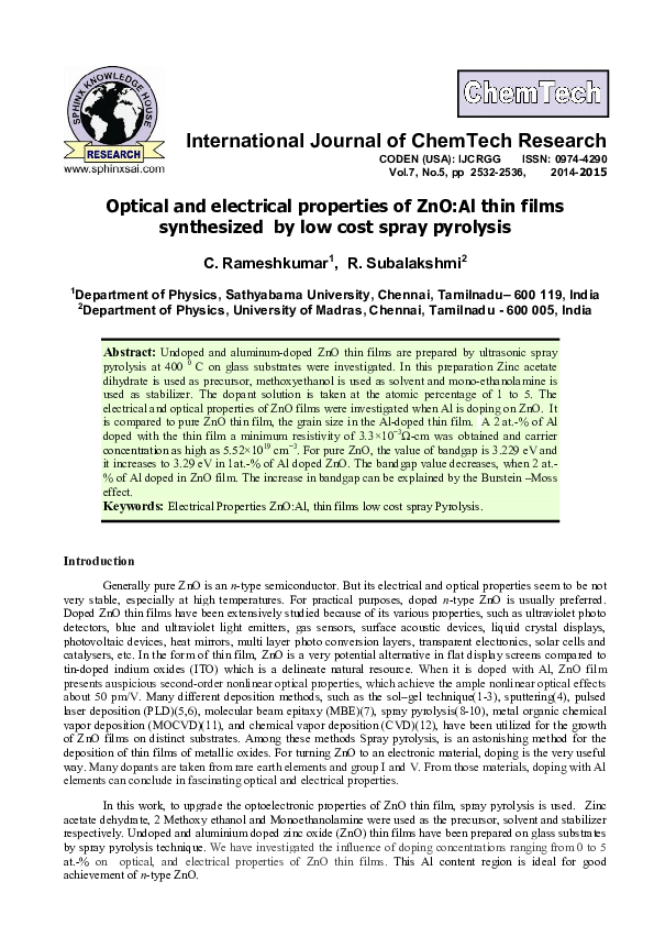 (PDF) Optical and electrical properties of ZnO:Al thin films ...