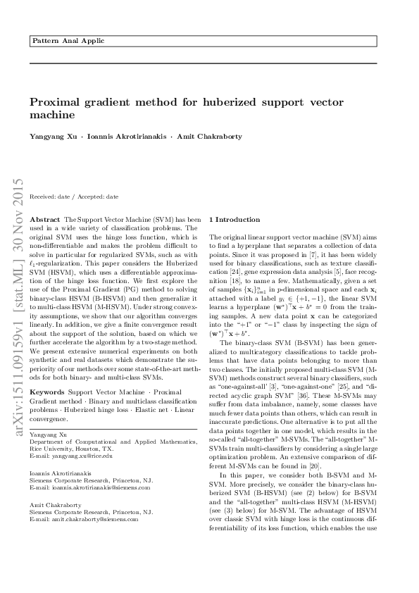 (PDF) Proximal gradient method for huberized support vector machine