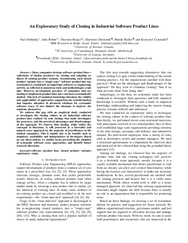 (PDF) An Exploratory Study of Cloning in Industrial Software Product Lines