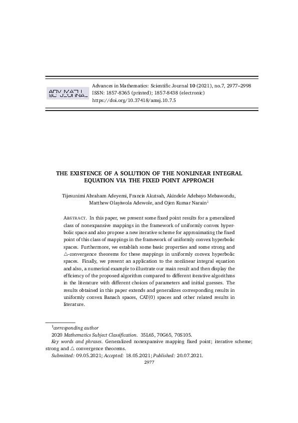 (PDF) INTEGRAL EQUATION VIA THE FIXED POINT APPROACH