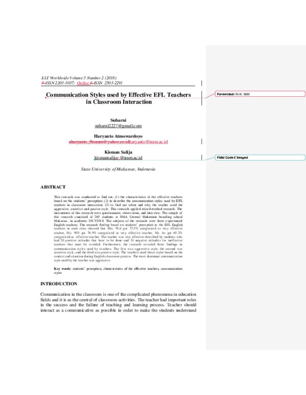 (PDF) Communication Styles used by Effective EFL Teachers in Classroom ...