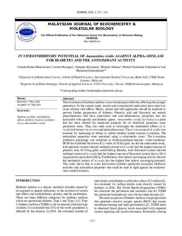 (PDF) IN VITRO INHIBITORY POTENTIAL OF Amaranthus viridis AGAINST ALPHA ...