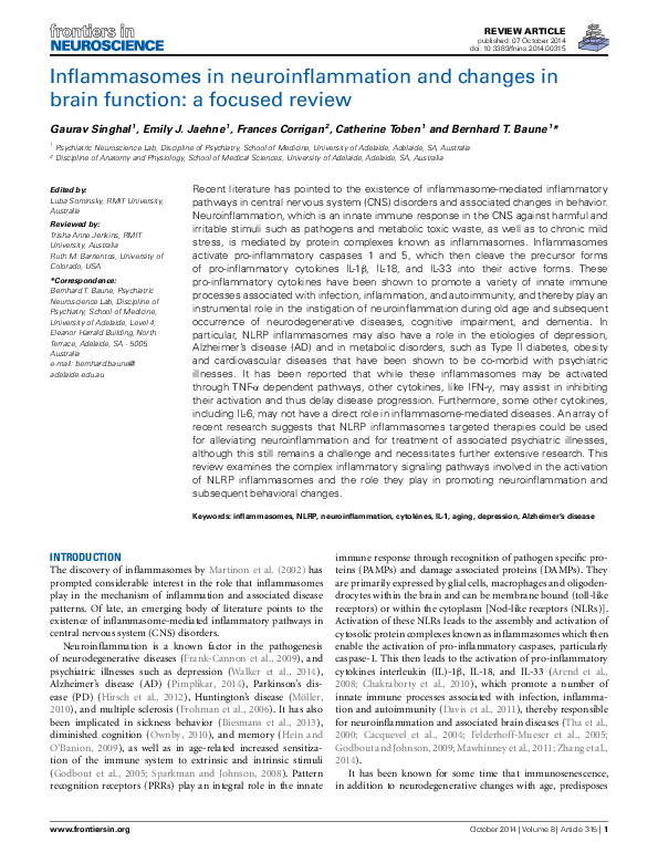 (PDF) Inflammasomes in neuroinflammation and changes in brain function ...