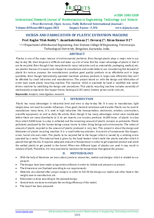 (PDF) DESIGN AND FABRICATION OF PLASTIC EXTRUSION MACHINE