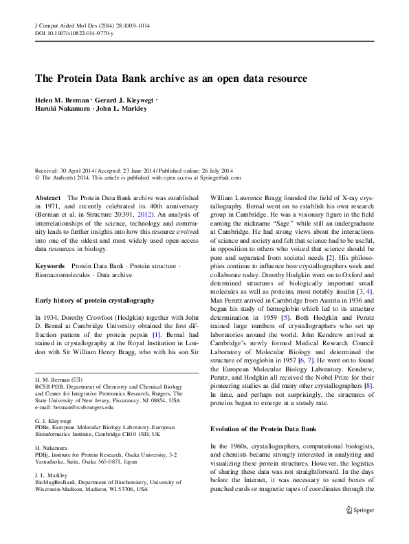(PDF) The Protein Data Bank archive as an open data resource