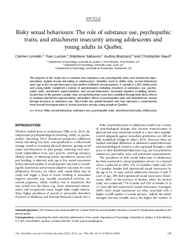 (PDF) Risky sexual behaviours: The role of substance use, psychopathic ...