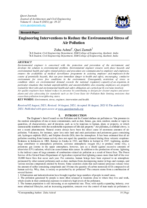 (PDF) Engineering Interventions to Reduce the Environmental Stress of Air Pollution QUEST