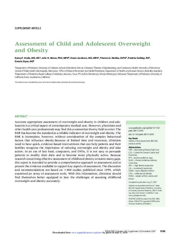 (PDF) Assessment of Child and Adolescent Overweight and Obesity