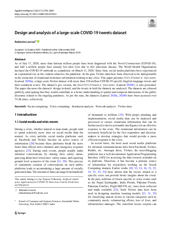 (PDF) Design and analysis of a large-scale COVID-19 tweets dataset
