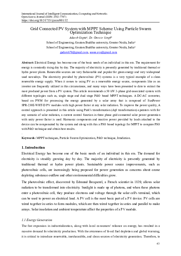 (PDF) Grid Connected PV System with MPPT Scheme Using Particle Swarm ...