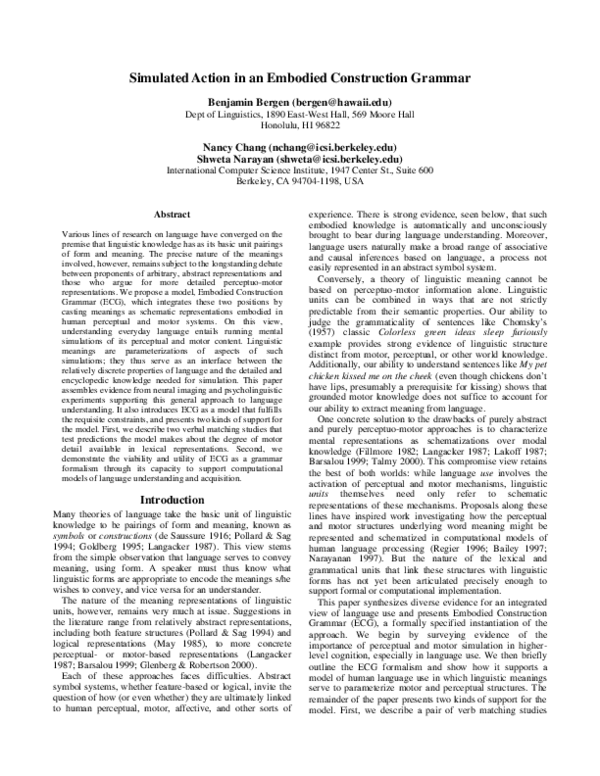(PDF) Simulated action in an embodied construction grammar