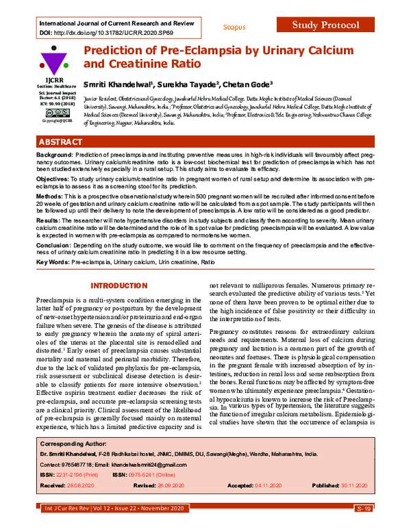 (PDF) Prediction of Pre-Eclampsia by Urinary Calcium and Creatinine Ratio