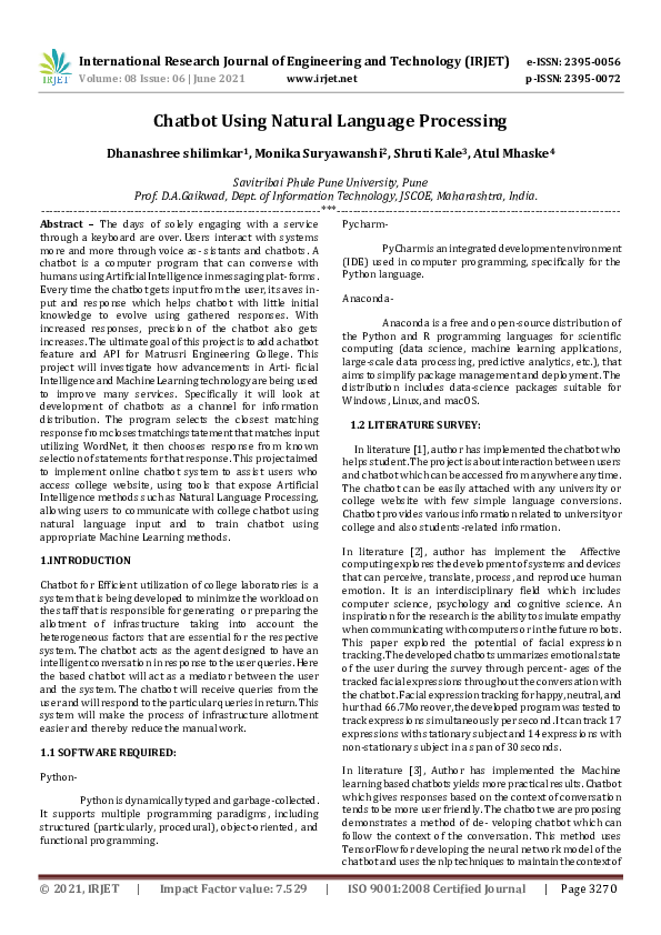 (PDF) Chatbot Using Natural Language Processing