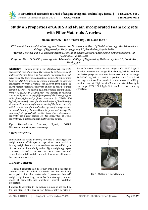 (PDF) IRJET- Study on Properties of GGBFS and Flyash incorporated Foam ...