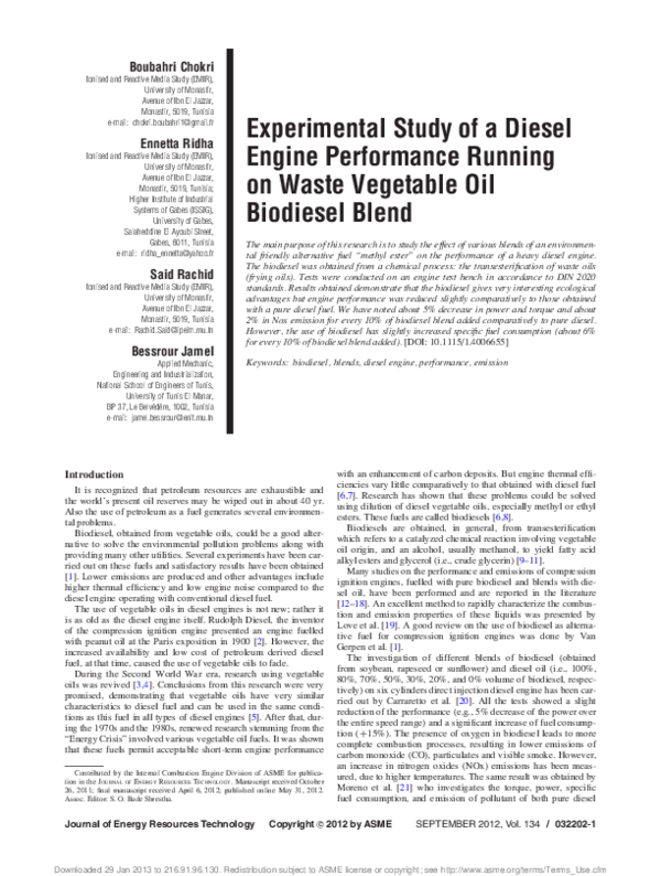 (PDF) Experimental Study of a Diesel Engine Performance Running on ...