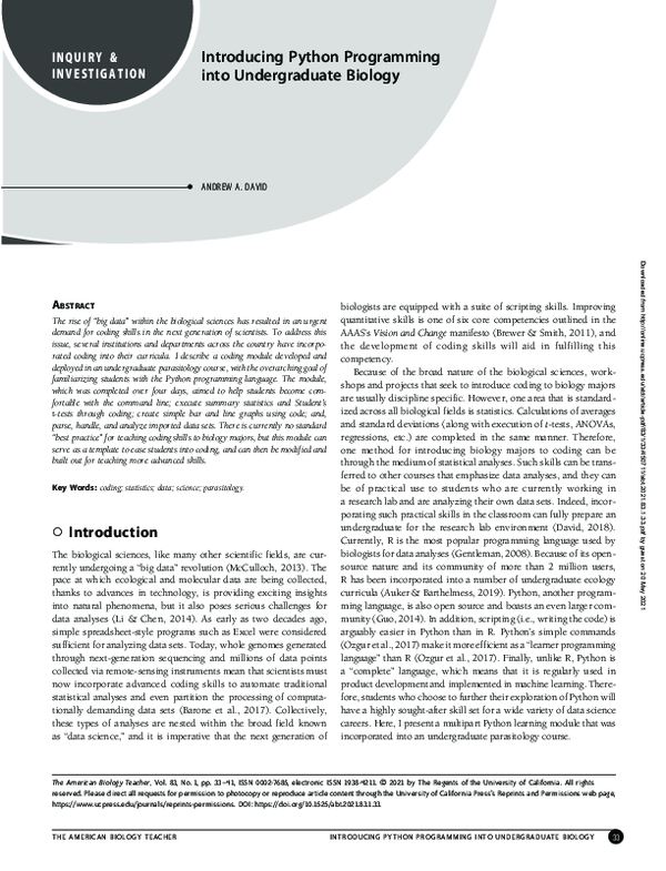 (PDF) Introducing Python Programming into Undergraduate Biology
