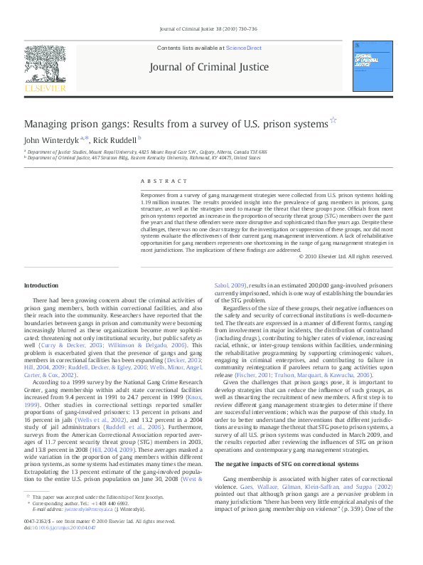 First page of “Managing prison gangs: Results from a survey of U.S. prison systems”