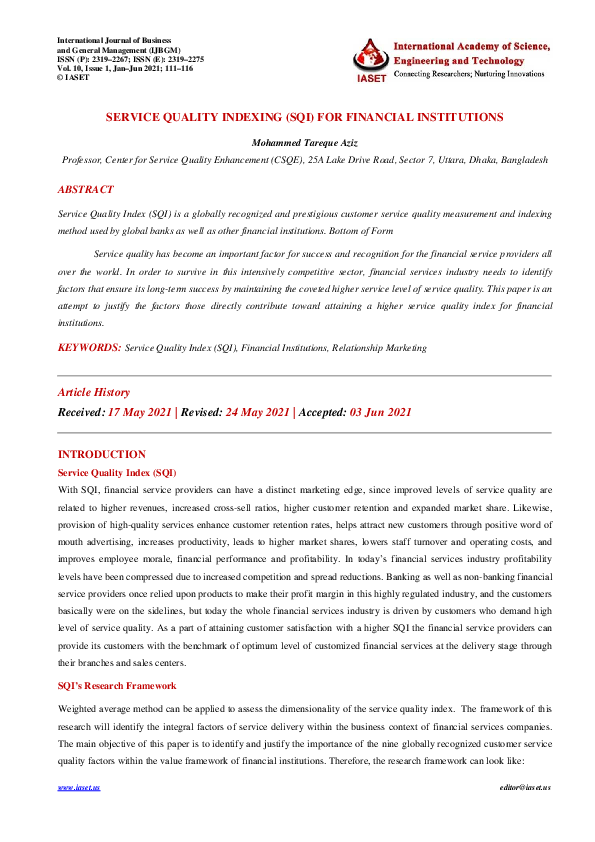 (PDF) SERVICE QUALITY INDEXING (SQI) FOR FINANCIAL INSTITUTIONS