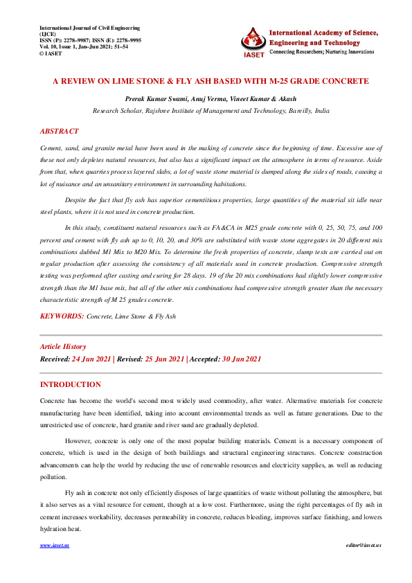 (PDF) A REVIEW ON LIME STONE & FLY ASH BASED WITH M-25 GRADE CONCRETE