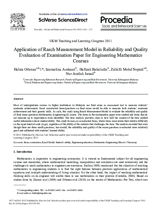 (PDF) Application of Rasch Measurement Model in Reliability and Quality ...