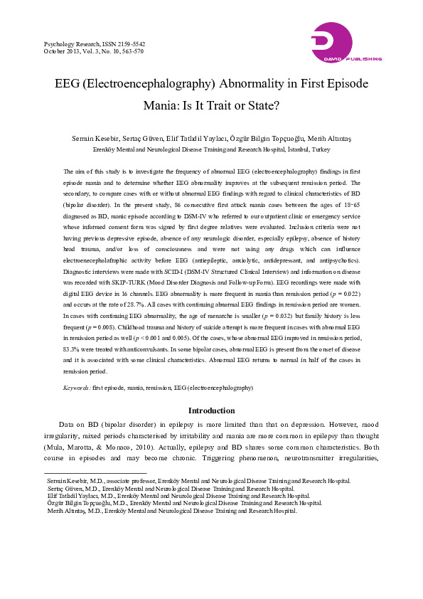 (PDF) EEG (Electroencephalography) Abnormality in First Episode Mania ...