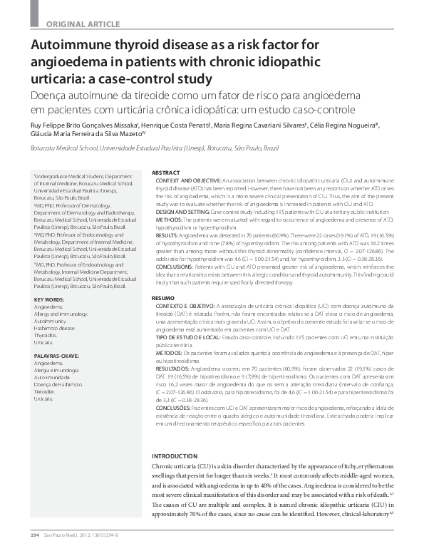 (PDF) Autoimmune thyroid disease as a risk factor for angioedema in ...