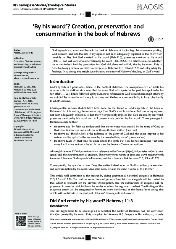 (PDF) ‘By his word’? Creation, preservation and consummation in the ...