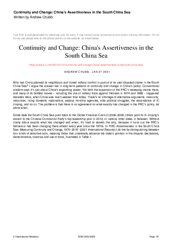 (PDF) Continuity and Change: China's Assertiveness in the South China Sea