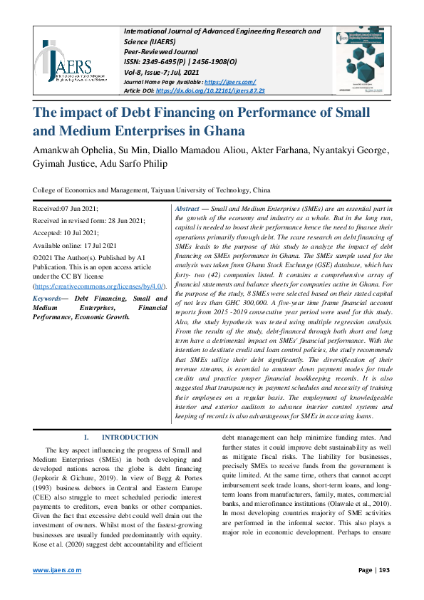 (PDF) The impact of Debt Financing on Performance of Small and Medium ...