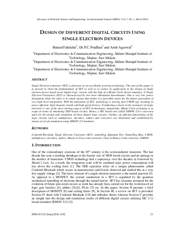 (PDF) Design of Different Digital Circuits Using Single Electron Devices