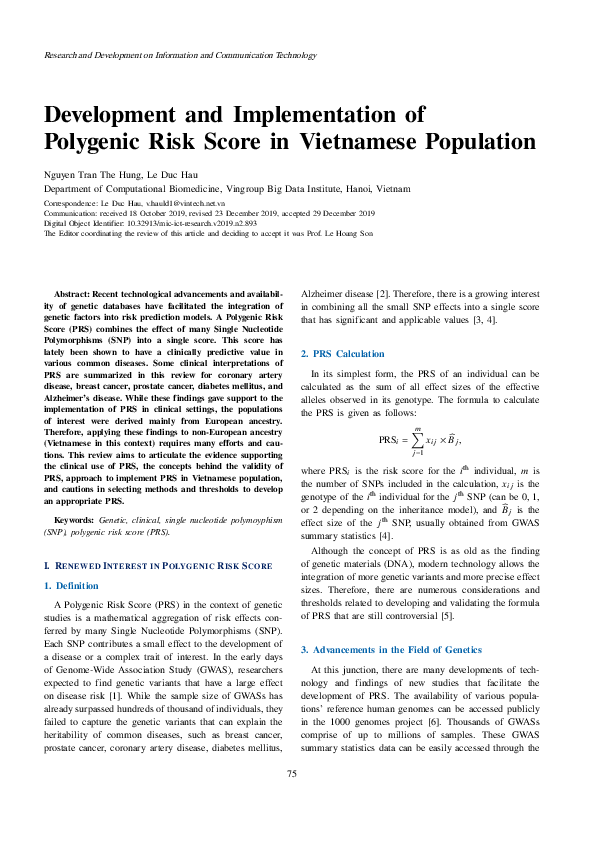 (PDF) Development and Implementation of Polygenic Risk Score in ...