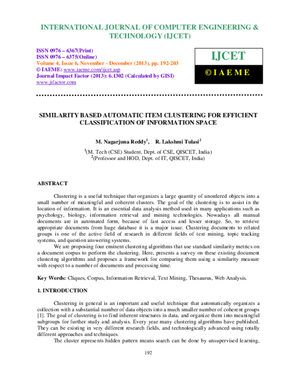 (PDF) SIMILARITY BASED AUTOMATIC ITEM CLUSTERING FOR EFFICIENT ...