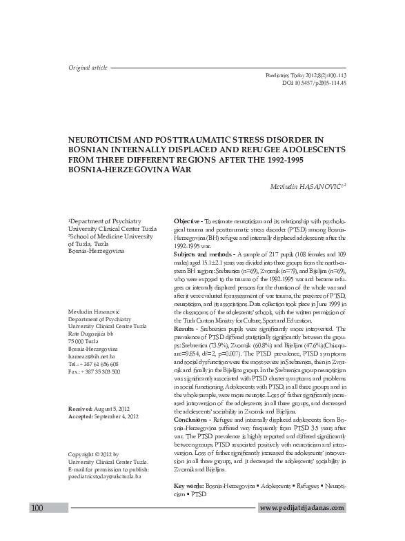 (PDF) Neuroticism and Posttraumatic Stress Disorder in Bosnian ...