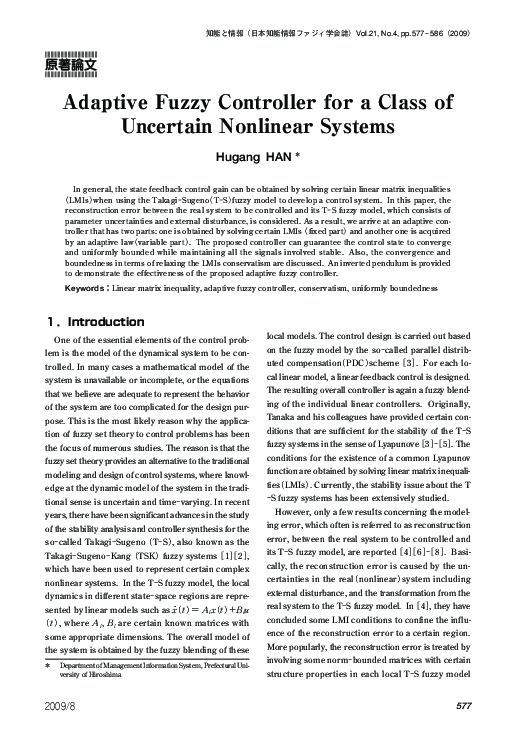 (PDF) Adaptive Fuzzy Controller for a Class of Uncertain Nonlinear Systems