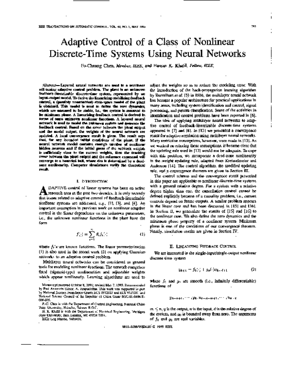 (PDF) Adaptive control of a class of nonlinear discrete-time systems ...
