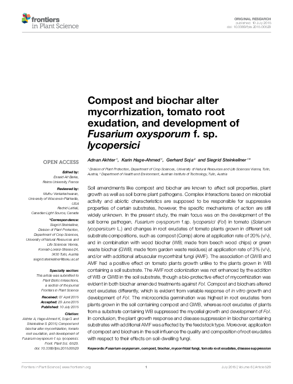 (PDF) Compost and biochar alter mycorrhization, tomato root exudation ...