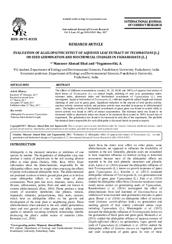 (PDF) EVALUATION OF ALLELOPATHIC EFFECT OF AQUEOUS LEAF EXTRACT OF ON ...