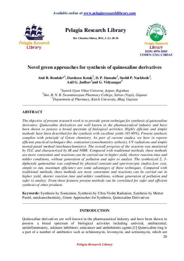 (PDF) Novel green approacches for synthesis of quinoxaline derivative