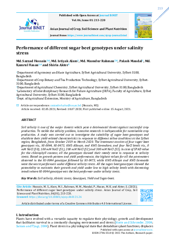 Pdf Performance Of Different Sugar Beet Genotypes Under Salinity Stress Dr Md Sazzad Hossain Academia Edu