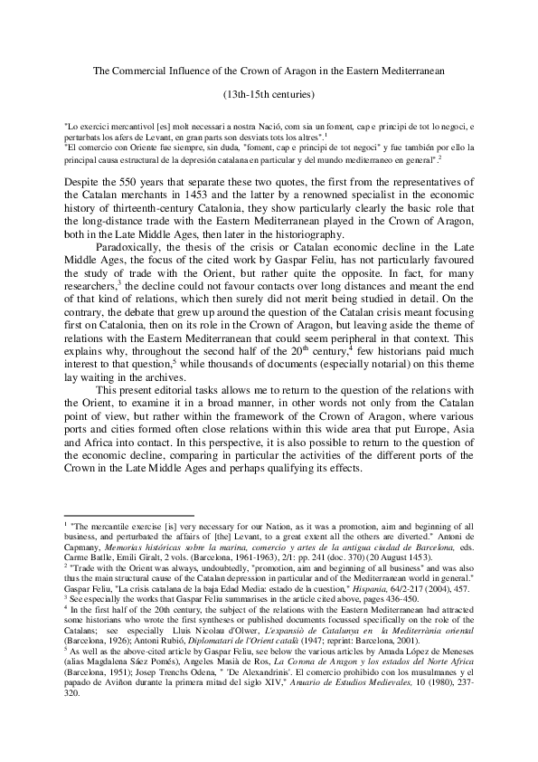 The Commercial Influence of the Crown of Aragon in the Eastern Mediterranean (13th - 15th Centuries)