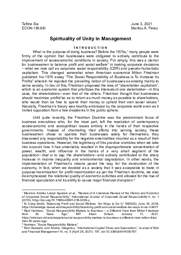 (PDF) Spirituality of unity in management