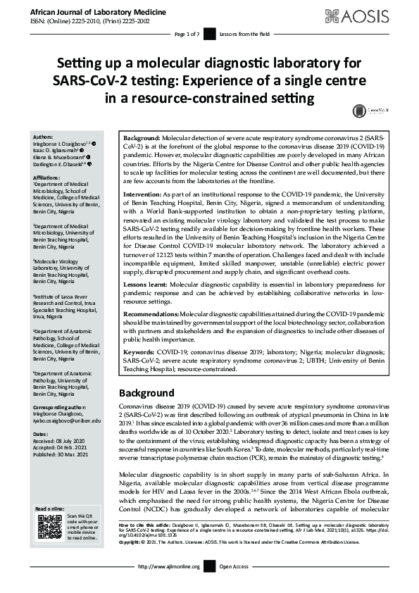 (PDF) Setting up a molecular diagnostic laboratory for SARS-CoV-2 ...