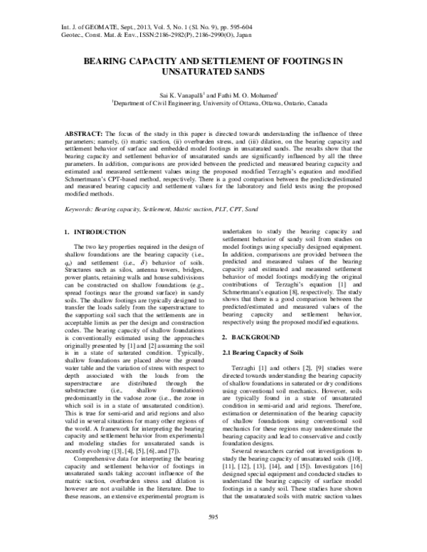 (PDF) Bearing Capacity and Settlement of Footings in Unsaturated Sand