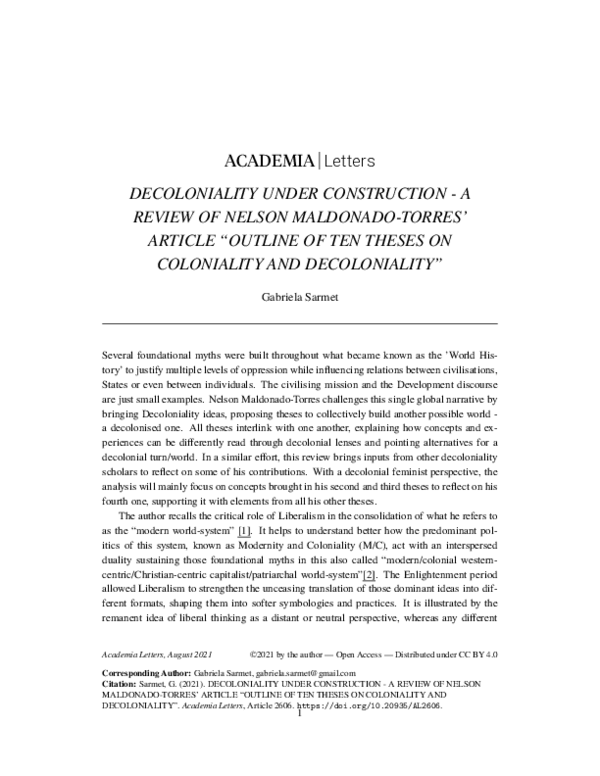 (PDF) DECOLONIALITY UNDER CONSTRUCTION - A REVIEW OF NELSON MALDONADO'S ...
