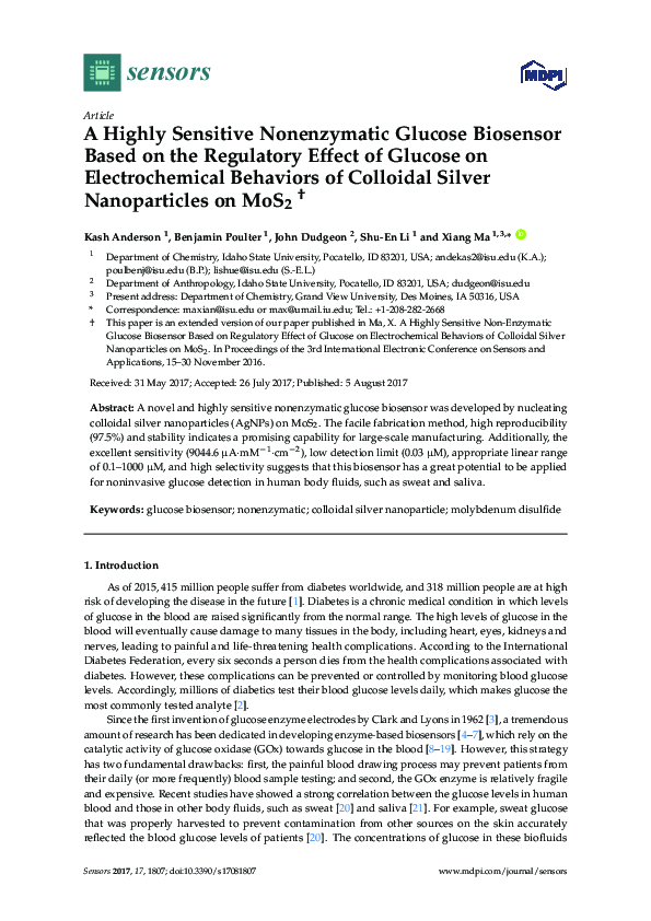 (PDF) A Highly Sensitive Nonenzymatic Glucose Biosensor Based on the ...