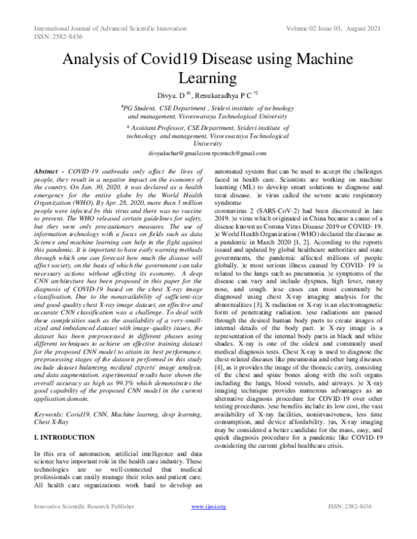 (PDF) Analysis of Covid19 Disease using Machine Learning