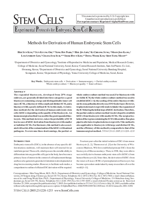 (PDF) Methods for Derivation of Human Embryonic Stem Cells