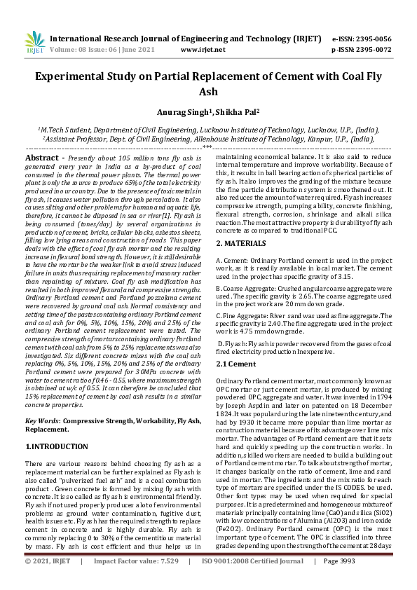 (PDF) IRJET- Experimental Study on Partial Replacement of Cement with ...
