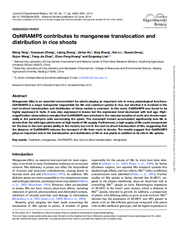 (PDF) OsNRAMP5 contributes to manganese translocation and distribution ...
